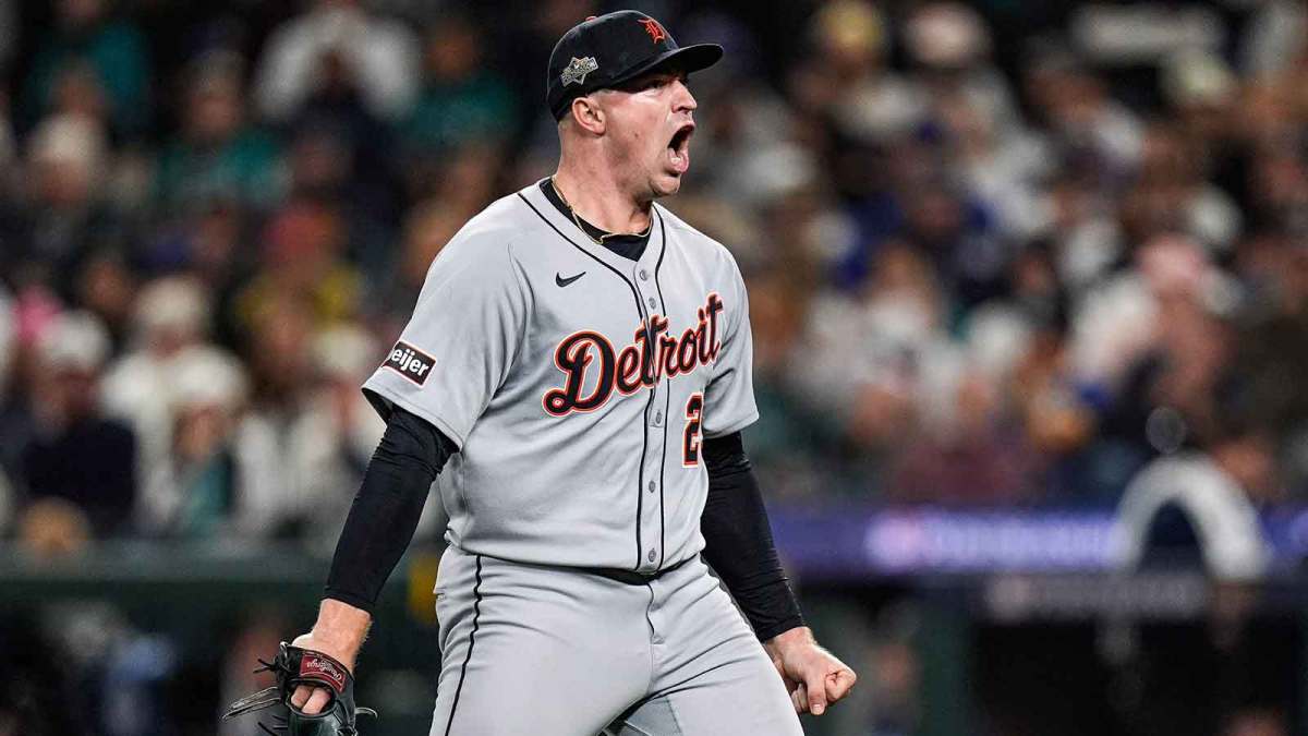 Tigers pitcher Tarik Skubal celebrates striking out Mariners catcher Cal Raleigh in the sixth inning of ALDS Game 5 at T-Mobile Park.