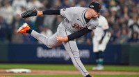Tigers pitcher Tarik Skubal throws against Mariners during the first inning of ALDS Game 5 at T-Mobile Park in Seattle on Friday, Oct. 10, 2025.