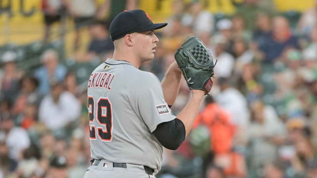 Detroit Tigers pitcher Tarik Skubal (29) throws a pitch against the Athletics during the first inning at Sutter Health Park.
