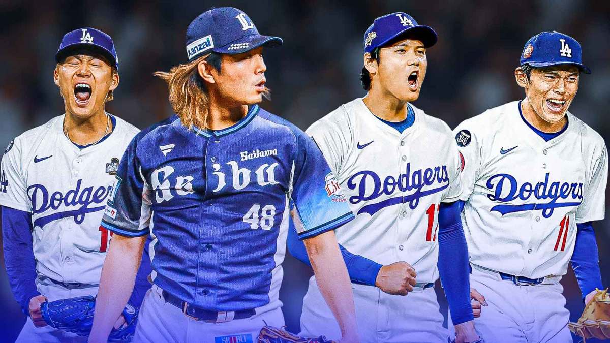 Tatsuya Imai opposite Shohei Ohtani, Yoshinobu Yamamoto, and Roki Sasaki in front of Dodger Stadium.