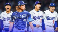 Tatsuya Imai opposite Shohei Ohtani, Yoshinobu Yamamoto, and Roki Sasaki in front of Dodger Stadium.