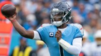 Tennessee Titans quarterback Cam Ward (1) throws against the Los Angeles Chargers during their game at Nissan Stadium