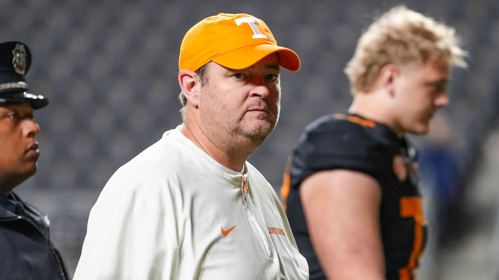 Tennessee coach Josh Heupel after a NCAA football game between the Tennessee Volunteers and Oklahoma Sooners at Neyland Stadium in Knoxville, Tenn., on November 1, 2025.