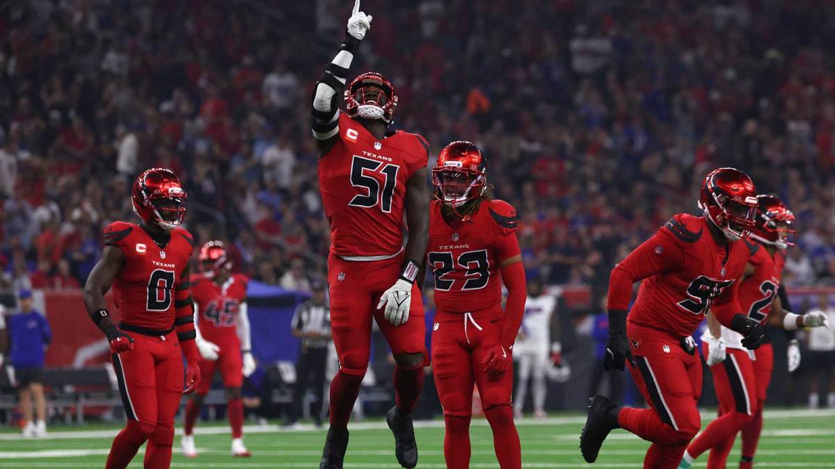 Houston Texans defensive end Will Anderson Jr. (51) celebrates after sacking Buffalo Bills quarterback Josh Allen (17) in the first half at NRG Stadium.