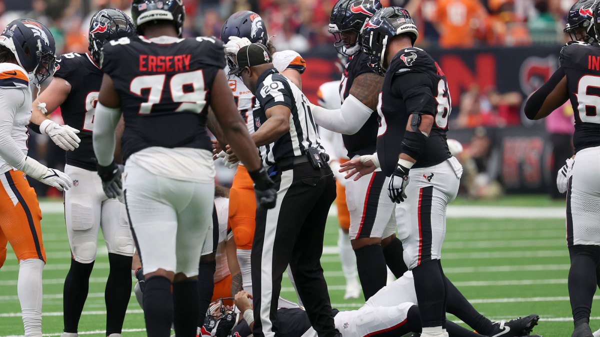 Houston Texans quarterback C.J. Stroud (7) is injured during the first half against the Denver Broncos at NRG Stadium.