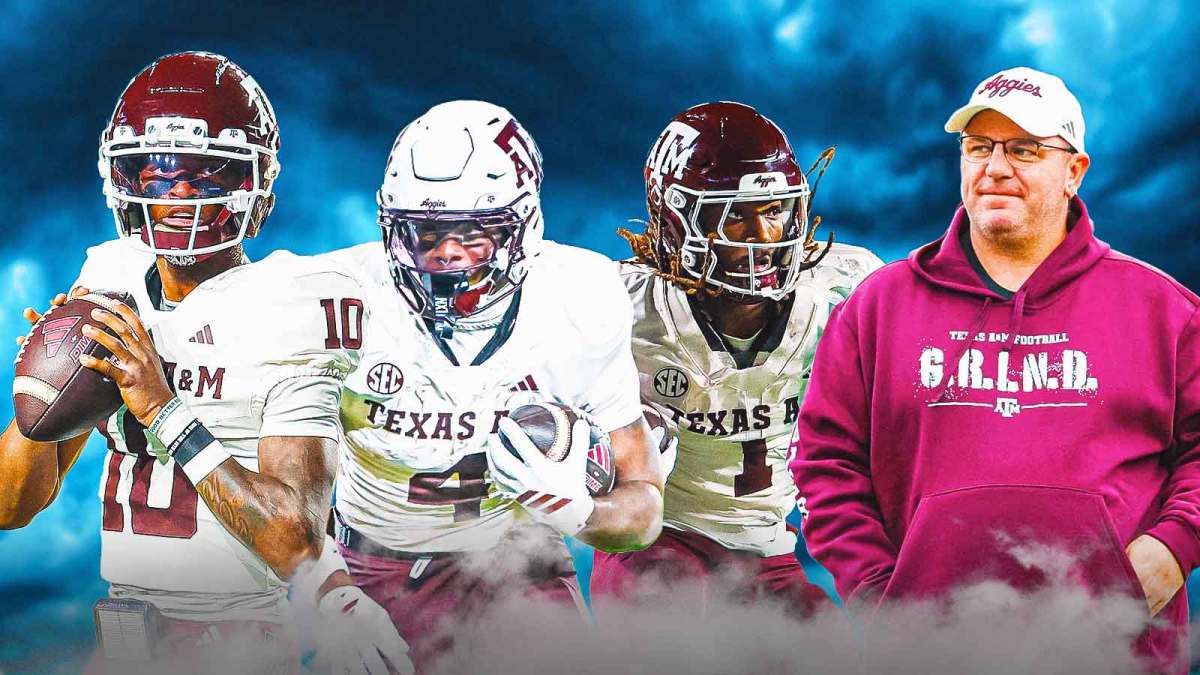 Marcel Reed, Rueben Owens II, Mario Craver, coach Mike Elko, Dark clouds in the background