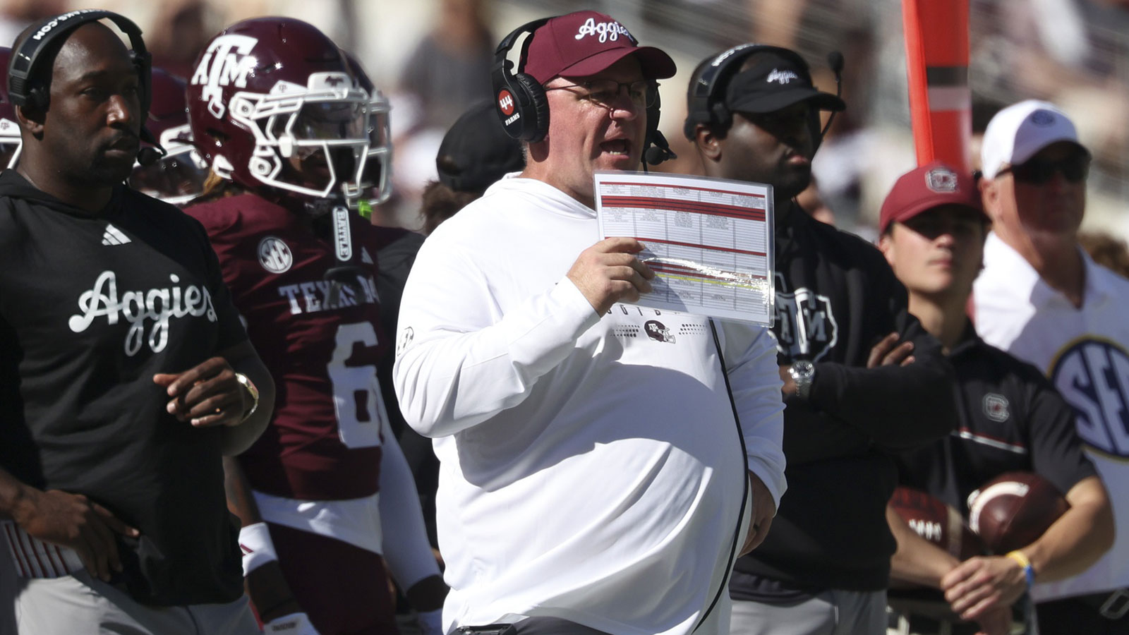 Texas A&M Aggies head coach Mike Elko reacts on the sideline during the second quarter against the South Carolina Gamecocks at Kyle Field.