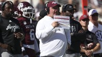 Texas A&M Aggies head coach Mike Elko reacts on the sideline during the second quarter against the South Carolina Gamecocks at Kyle Field.