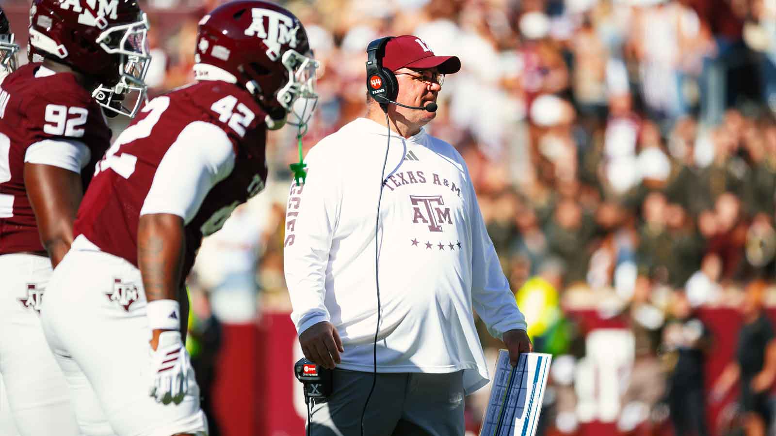 Texas A&M Aggies head coach Mike Elko on the field in the second half of a game against the Samford Bulldogs at Kyle Field.