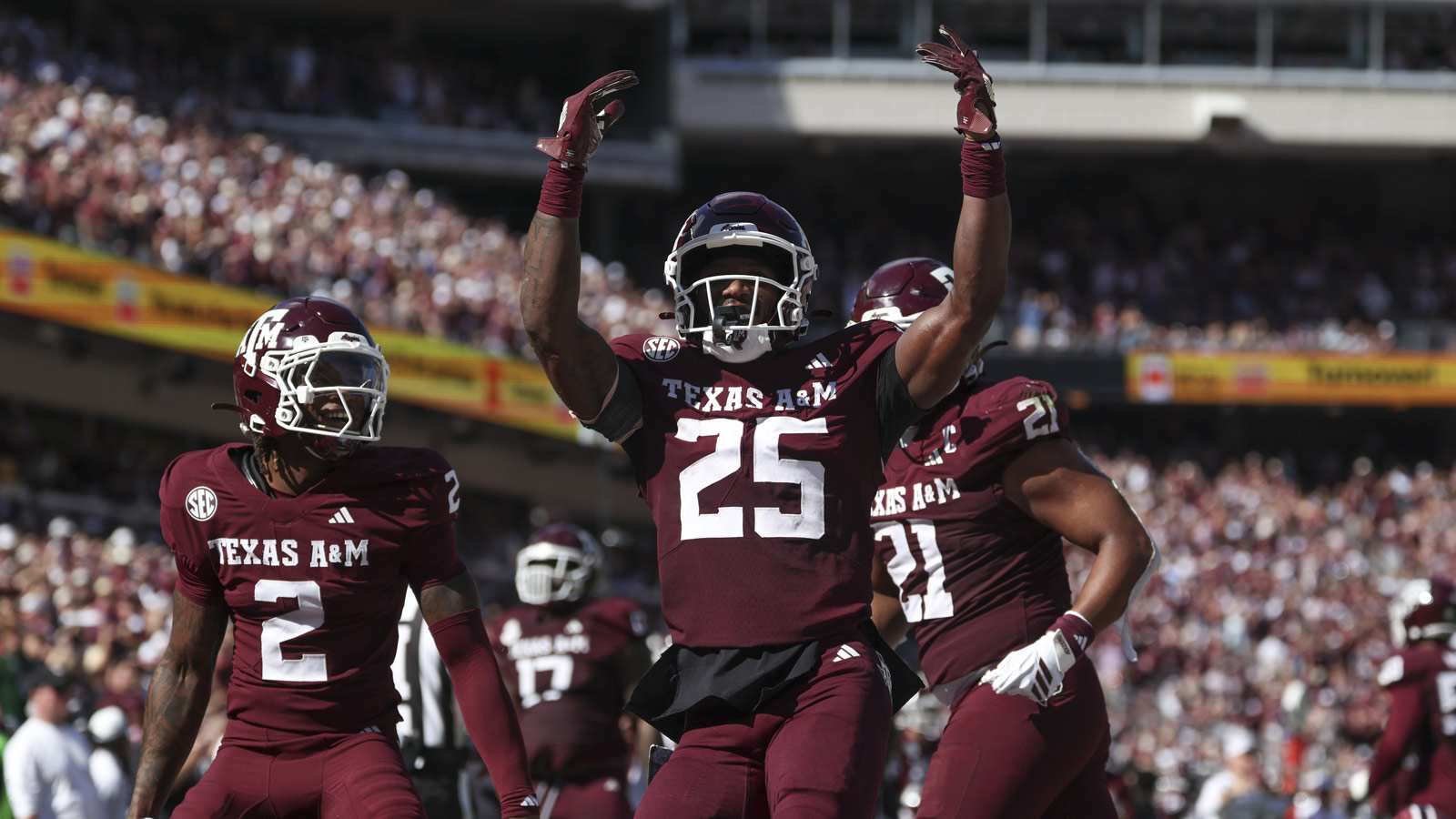 Texas A&M Aggies safety Dalton Brooks (25) reacts after an interception during the second quarter against the South Carolina Gamecocks at Kyle Field.