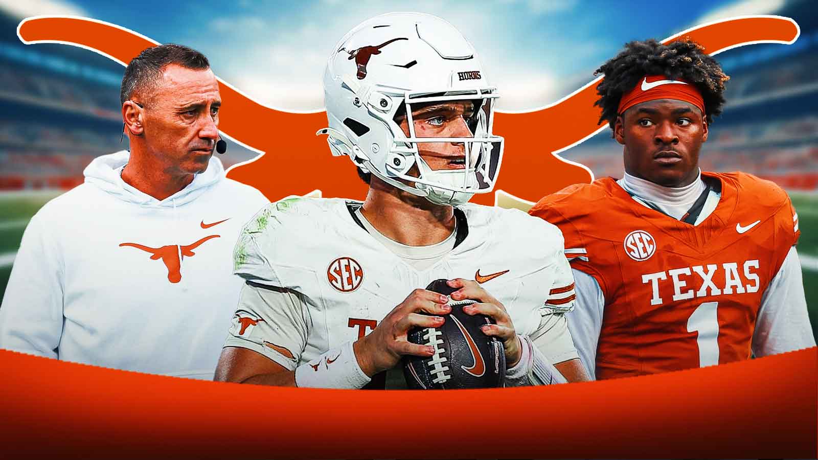Arch Manning, Steve Sarkisian, and Colin simmons with Texas Logo in the background.