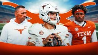 Arch Manning, Steve Sarkisian, and Colin simmons with Texas Logo in the background.