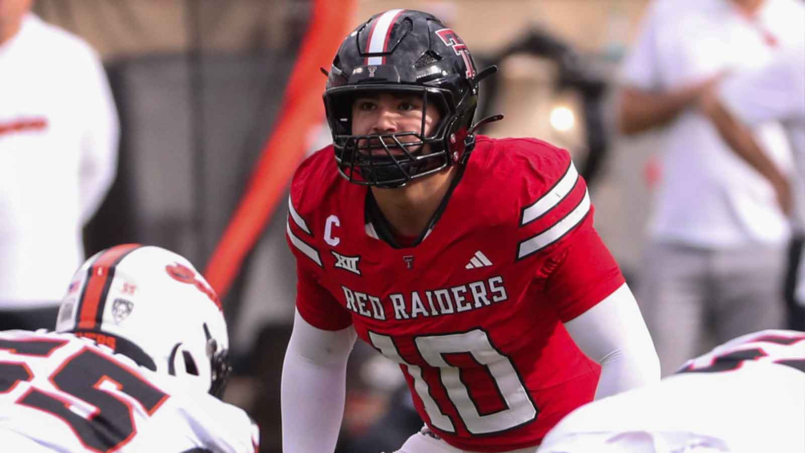 Texas Tech's Jacob Rodriguez scans the Oregon State offense during a non-conference football game, Saturday, Sept. 13, 2025, at Jones AT&T Stadium.