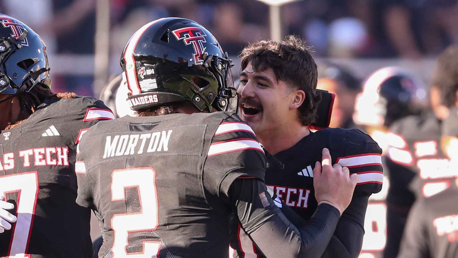 Texas Tech players Jacob Rodriguez and Behren Morton hype each other up during a Big 12 Conference football game, Saturday, Nov. 15, 2025, at Jones AT&T Stadium.
