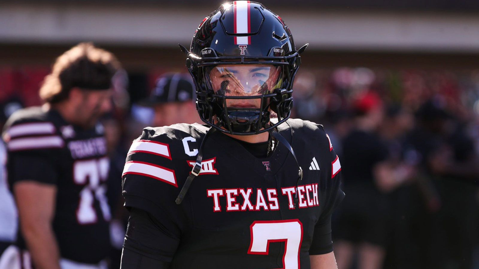 Texas Tech's Behren Morton looks on during warmups before a Big 12 Conference football game, Saturday, Nov. 15, 2025, at Jones AT&T Stadium.