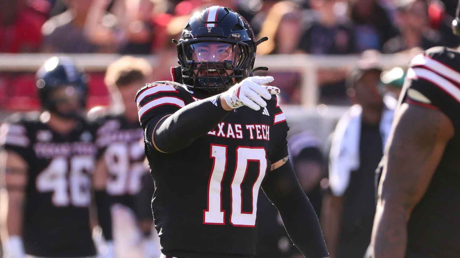 Texas Tech's Jacob Rodriguez calls out the defense during a Big 12 Conference football game, Saturday, Nov. 15, 2025, at Jones AT&T Stadium.