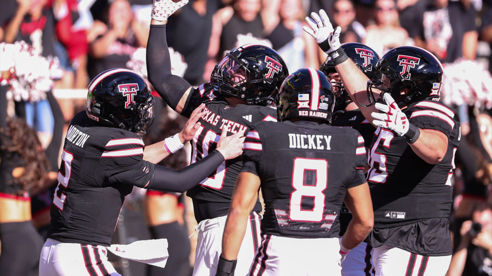 Texas Tech's Jacob Rodriguez celebrates his rushing touchdowns with teammates during a Big 12 Conference football game, Saturday, Nov. 15, 2025, at Jones AT&T Stadium.