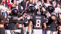 Texas Tech's Jacob Rodriguez celebrates his rushing touchdowns with teammates during a Big 12 Conference football game, Saturday, Nov. 15, 2025, at Jones AT&T Stadium.