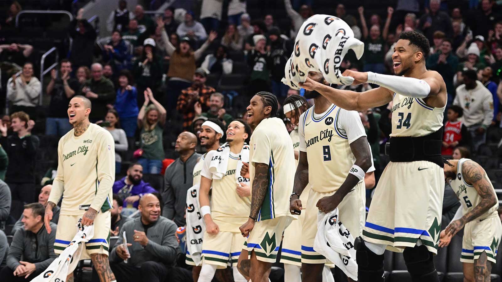 Milwaukee Bucks forward Giannis Antetokounmpo (34) reacts late in the fourth quarter against the Brooklyn Nets as the Bucks ended their seven game losing streak at Fiserv Forum.
