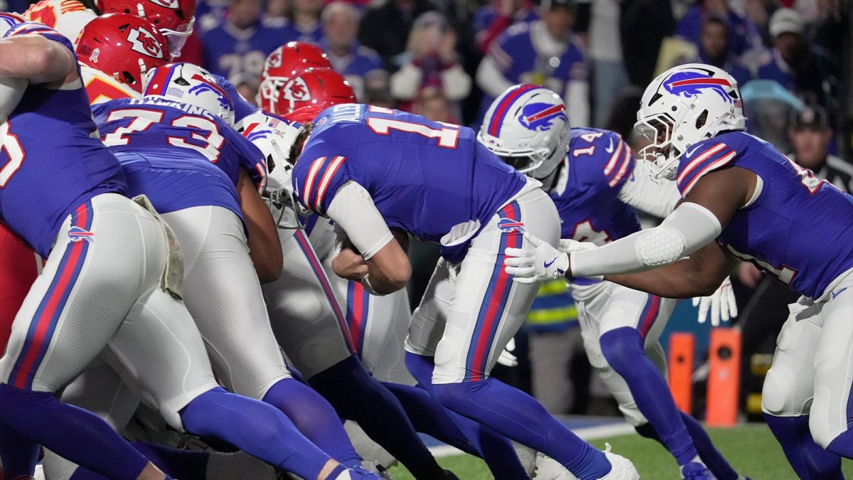 The Bills running the NFL play the Tush Push against the Kansas City Chiefs.