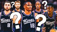 Kings' Russell Westbrook, Dennis Schroder, Zach LaVine, DeMar DeRozan, and Domantas Sabonis all looking serious, question marks all over
