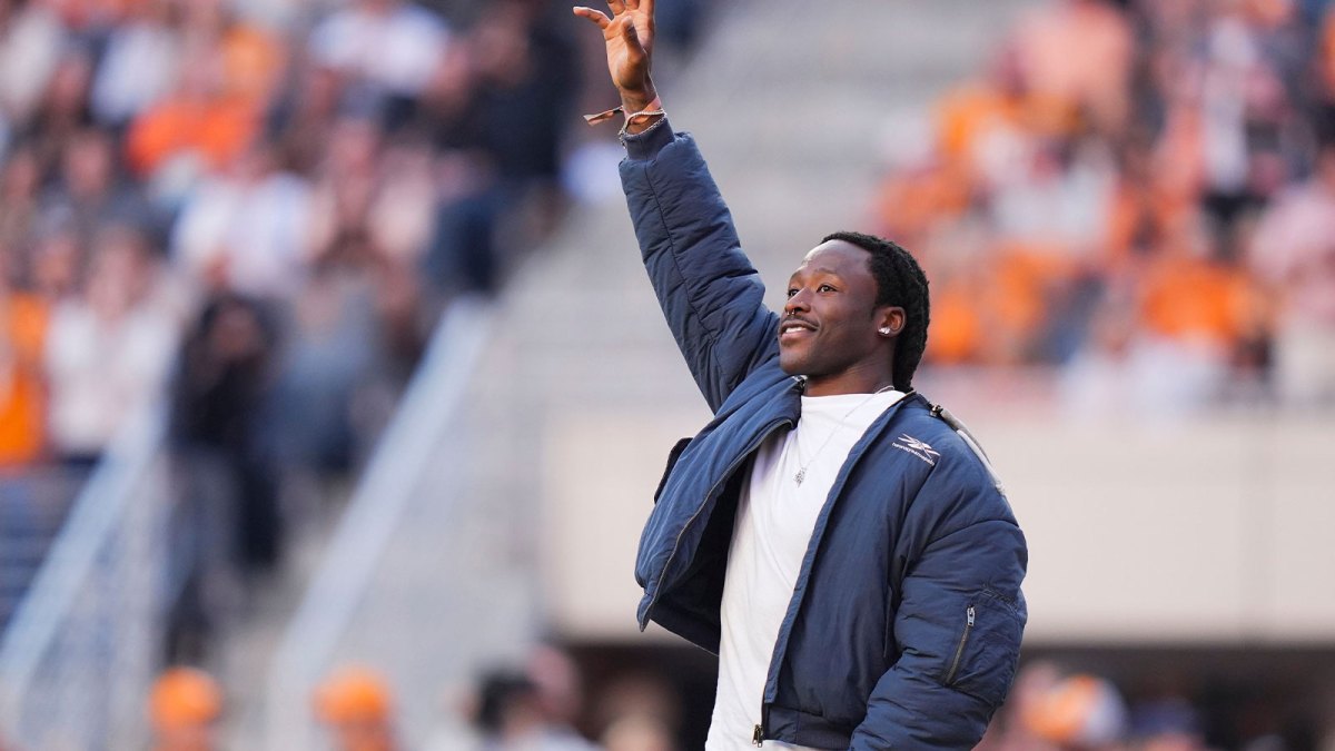 Former Tennessee and current New Orleans Saints running back Alvin Kamara is recognized on the field during the NCAA college football game between New Mexico State and Tennessee on November 15, 2025, in Knoxville, Tenn.