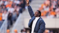 Former Tennessee and current New Orleans Saints running back Alvin Kamara is recognized on the field during the NCAA college football game between New Mexico State and Tennessee on November 15, 2025, in Knoxville, Tenn.