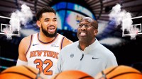 Mike Brown and Karl-Anthony Towns smiling with Madison Square Garden and its crowd in the backdrop. Ideally, baskets have smoke coming off them to indicate that Knicks are shooting well at home.