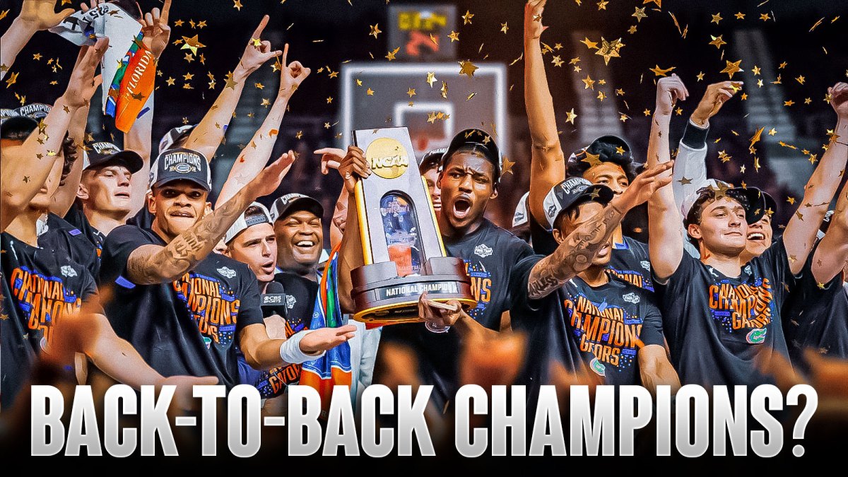 Florida Gators Men's Basketball team with their championsihp trophy celebrating in the middle. and the text below - "Back-to-Back Champions?"