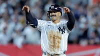 New York Yankees center fielder Trent Grisham (12) celebrates his double against the Boston Red Sox during the seventh inning of game two of the Wildcard round of the 2025 MLB playoffs at Yankee Stadium. Mandatory Credit: Brad Penner-Imagn Images