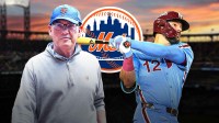 IMAGE: New York Mets owner Steve Cohen on the left side, free agent outfielder Kyle Schwarber swinging a bat on the right side, the New York Mets logo in the center, Citi Field (home stadium of the New York Mets) in the background