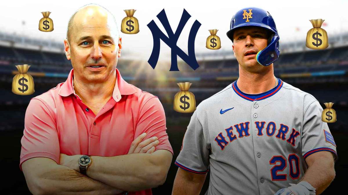 IMAGE: New York Yankees logo in the center, New York Yankees general manager Brian Cashman on the right side, former New York Mets first baseman Pete Alonso on the left side, money emojis around the Yankees logo in center, Yankee Stadium (home field of the New York Yankees) in background