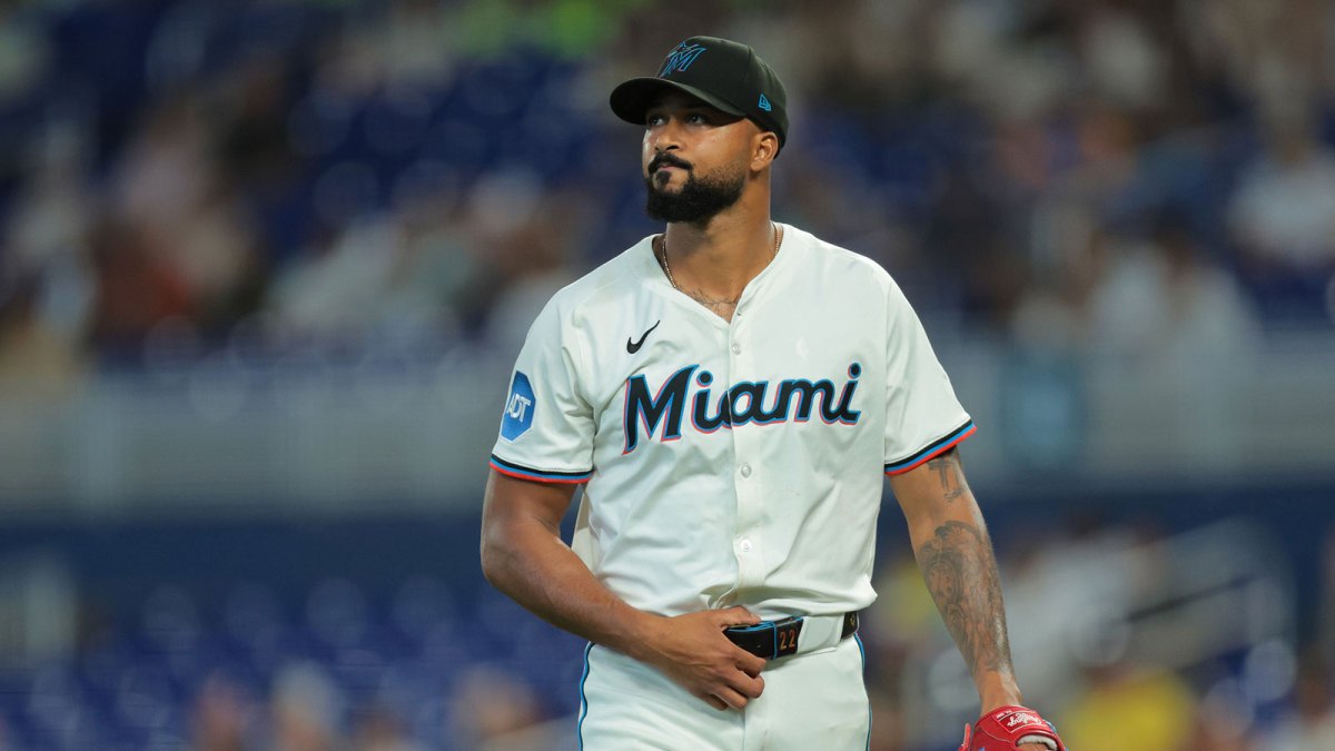 Miami Marlins starting pitcher Sandy Alcantara (22) looks on against the San Diego Padres during the first inning at loanDepot Park.