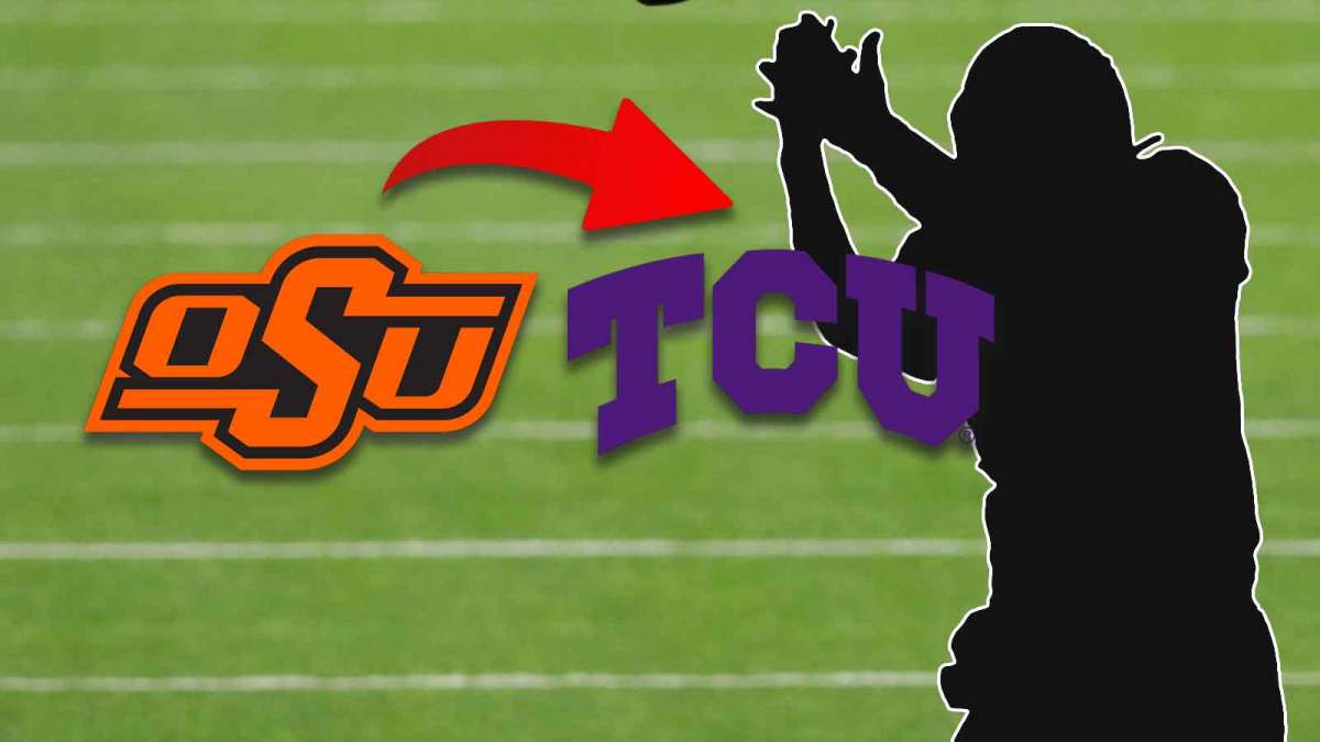 Oklahoma State logo on the left, arrow pointing to TCU. Mystery player in the background.