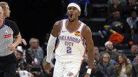 Thunder guard Shai Gilgeous-Alexander (2) reacts after a three point basket during the fourth quarter against the Memphis Grizzlies at FedExForum