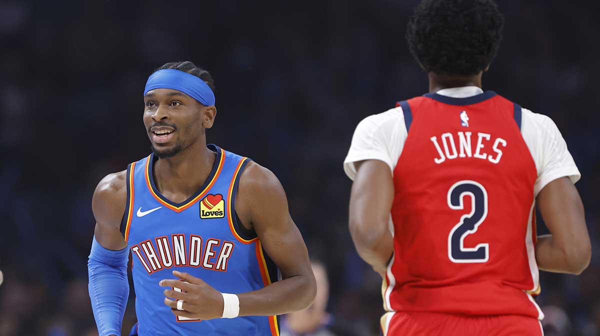 Thunder guard Shai Gilgeous-Alexander (2) smiles after a defensive play against the New Orleans Pelicans during the first quarter at Paycom Center