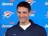 Oklahoma City Thunder head coach Mark Daigneault at press conference at Intuit Dome.
