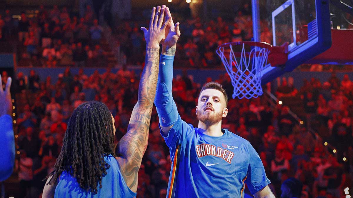 Thunder center Isaiah Hartenstein (55) during introductions before a game against the Washington Wizards at Paycom Center