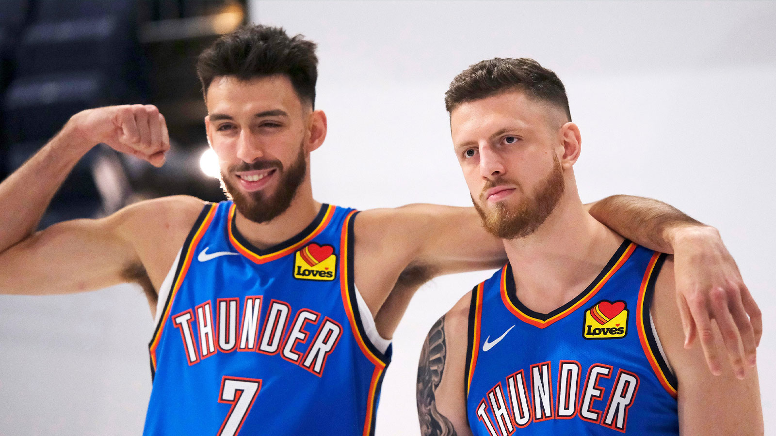 Chet Holmgren (7) and Isaiah Hartenstein (55) during the Thunder Media Day for the 25-26 NBA season at the Paycom Center Monday, Sept. 29, 2025.