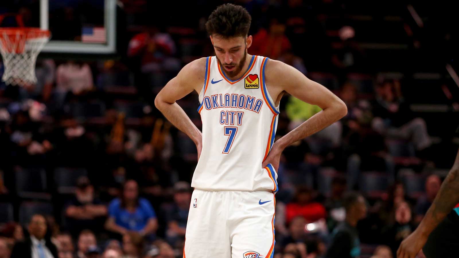 Thunder center Chet Holmgren (7) reacts during a time out during the second quarter against the Memphis Grizzlies at FedExForum