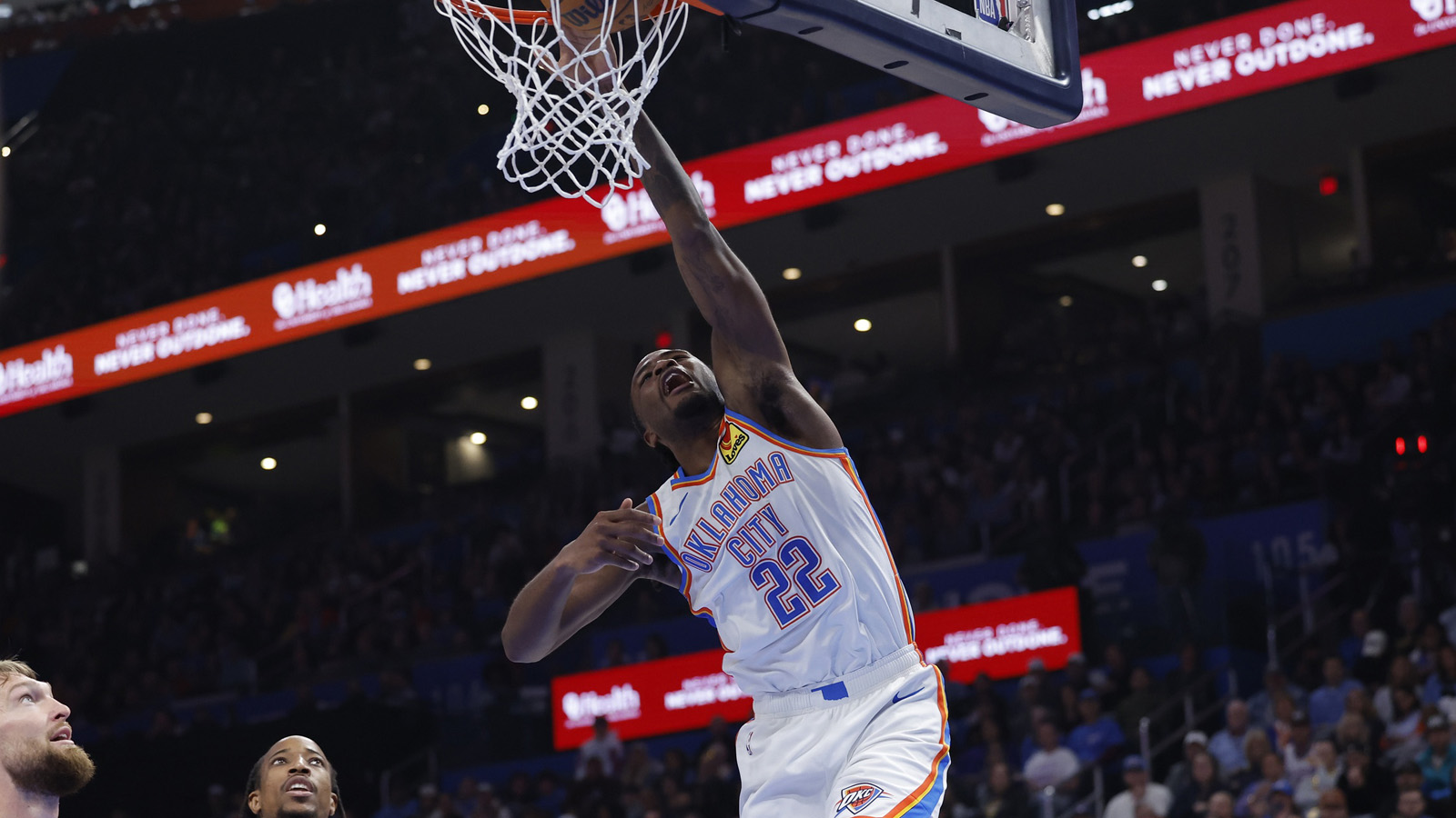 Thunder guard Cason Wallace (22) shoots against the Sacramento Kings during the second half at Paycom Center