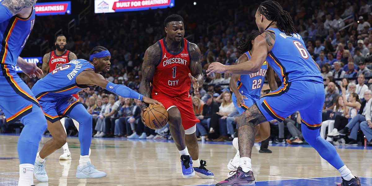 Thunder guard Shai Gilgeous-Alexander (2) and forward Jaylin Williams (6) during the second half at Paycom Center with Thunder 7-0 start in the background
