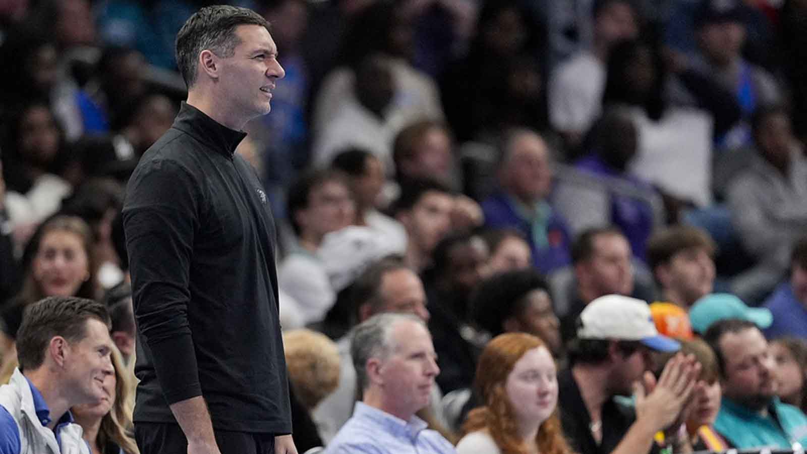 Thunder head coach Mark Daigneault reacts to a call during the second half against the Charlotte Hornets at Spectrum Center