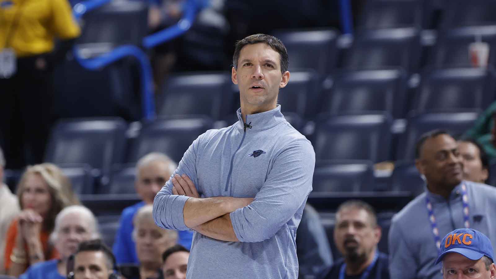Thunder head coach Mark Daigneault watches his team play against the Los Angeles Lakers during the fourth quarter at Paycom Center