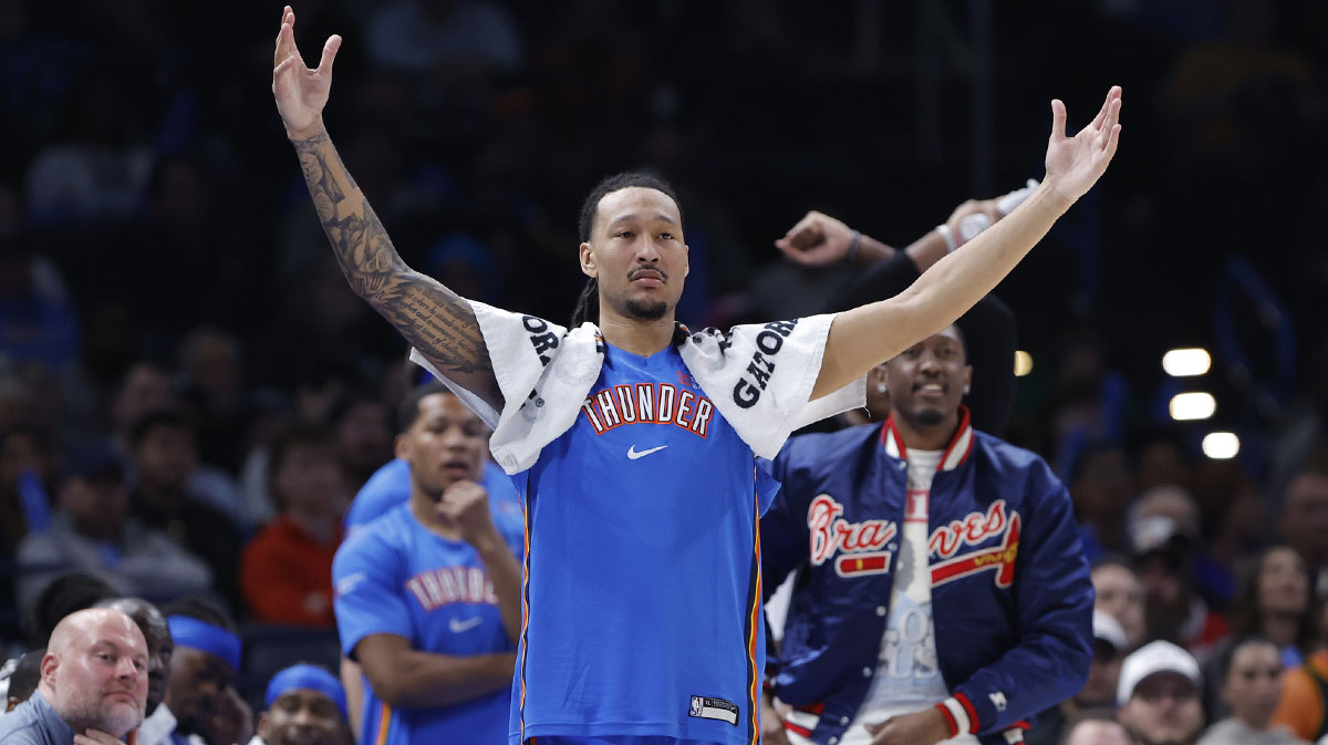Oklahoma City Thunder forward Jaylin Williams (6) gestures during the second half of a game against the Washington Wizards at Paycom Center. 