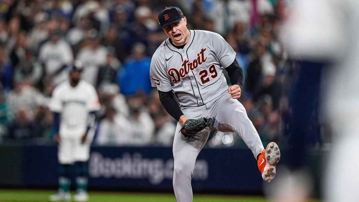 Tigers pitcher Tarik Skubal celebrates striking out Mariners catcher Cal Raleigh I the sixth inning of ALDS Game 5 at T-Mobile Park in Seattle on Friday, Oct. 10, 2025