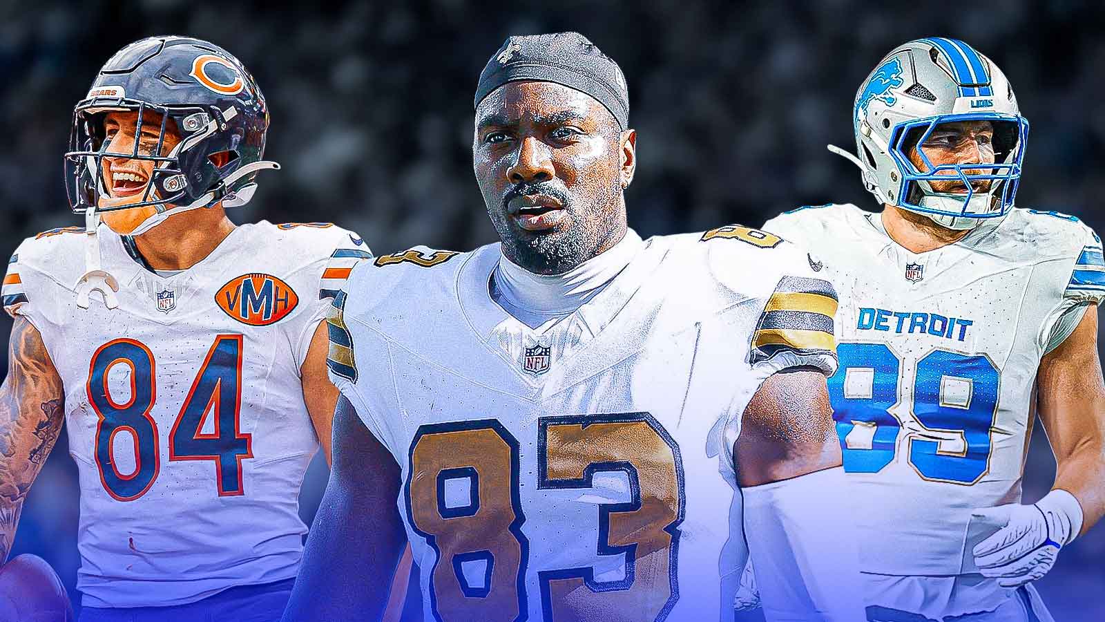 Juwan Johnson, Colston Loveland, Brock Wright all beside each other, Blue skies in the background