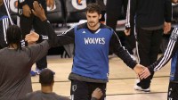 Timberwolves forward Kevin Love (42) is introduced before the start of the game against the Toronto Raptors at Air Canada Centre. The Raptors beat the Timberwolves 94-89