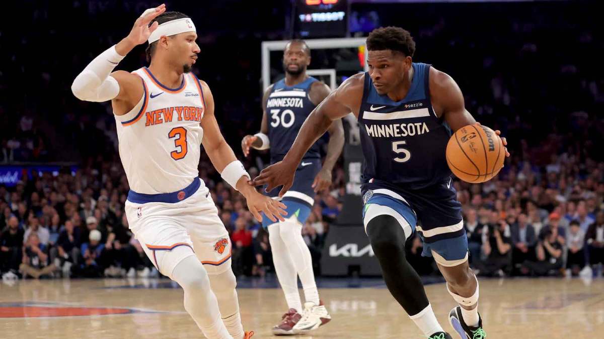 Minnesota Timberwolves guard Anthony Edwards (5) drives to the basket against New York Knicks guard Josh Hart (3) during the first quarter at Madison Square Garden.