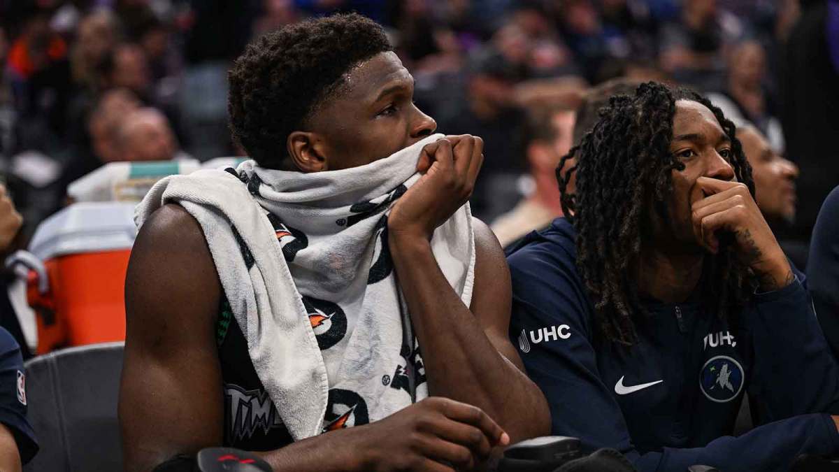 Minnesota Timberwolves guard Anthony Edwards (5) looks on from the bench during the second quarter against the Sacramento Kings at Golden 1 Center.